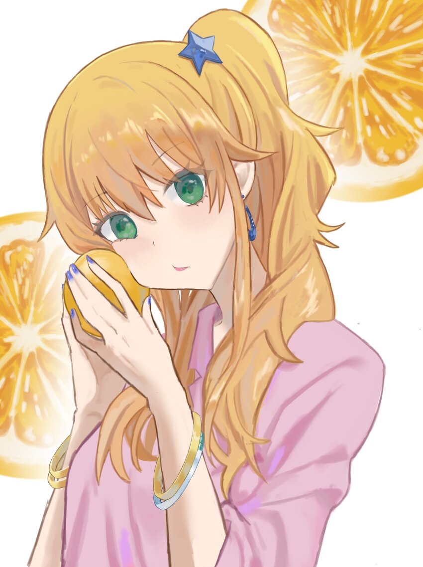 1girl absurdres aihara_academy_school_uniform aihara_yuzu blonde_hair blush bracelet breasts citrus_(saburouta) earrings green_eyes gyaru highres jewelry long_hair looking_at_viewer medium_breasts pink_shirt school_uniform shirt side_ponytail solo ulette
