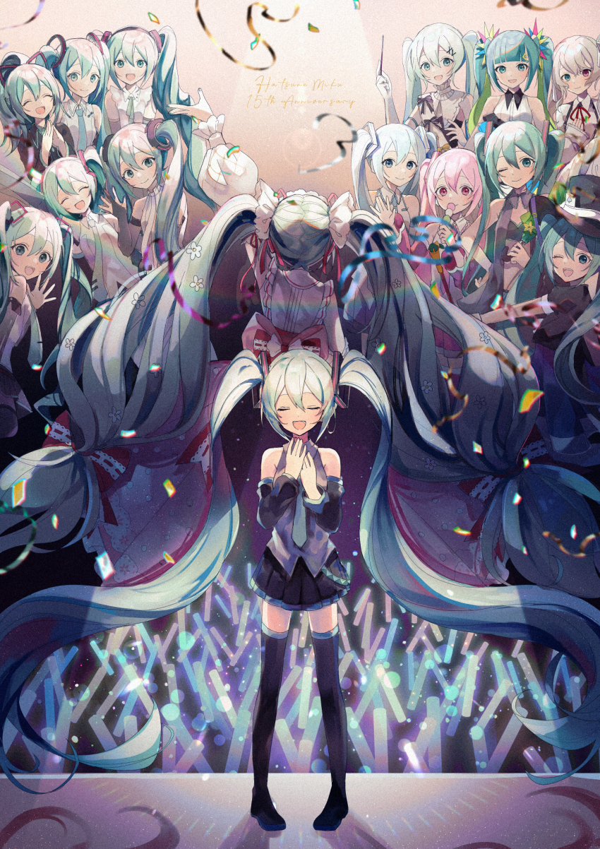 25-ji_miku 6+girls :d ;d anniversary aqua_eyes aqua_hair aqua_nails aqua_necktie bare_shoulders black_sleeves blue_eyes blue_hair boots catch_the_wave_(vocaloid) character_name closed_eyes commentary dango detached_sleeves food glowstick hair_ornament hatsune_miku hatsune_miku_(append) hatsune_miku_(catch_the_wave) hatsune_miku_(if) hatsune_miku_(nt) hatsune_miku_(vocaloid3) hatsune_miku_(vocaloid4) hatsune_miku_(vocaloid4)_(chinese) heterochromia highres magical_mirai_(vocaloid) magical_mirai_miku magical_mirai_miku_(2013) miku_symphony_(vocaloid) multiple_girls multiple_persona necktie one_eye_closed open_mouth piapro_studio pink_eyes pink_hair project_diva_(series) project_sekai racing_miku racing_miku_(2009) red_eyes sakura_miku sazanami_(ripple1996) smile strawberry_miku_(morikura) thigh_boots twintails v4x vocaloid vocaloid_append wagashi yuki_miku yuki_miku_(2010)