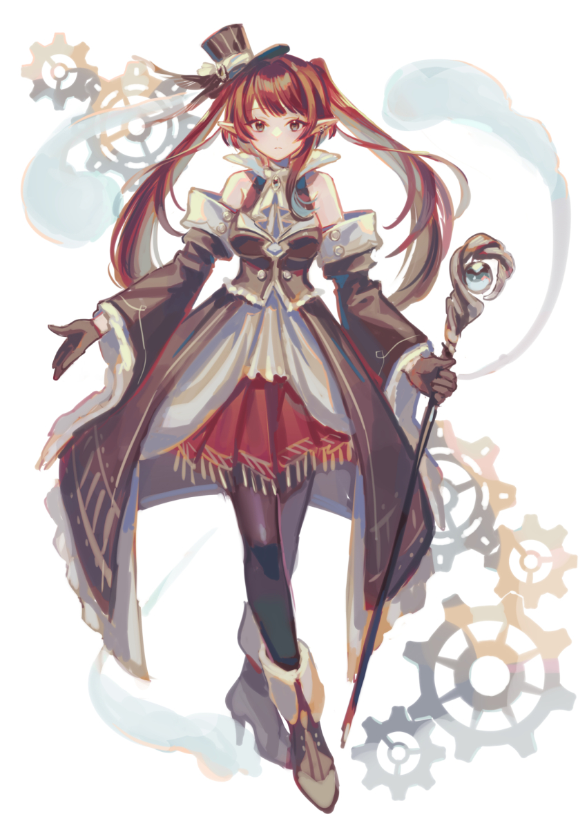1girl bare_shoulders black_hat black_pantyhose boots brown_boots brown_gloves brown_sleeves closed_mouth commentary fold-over_boots full_body gears gloves hat highres holding holding_staff long_hair long_sleeves looking_at_viewer original pantyhose pointy_ears red_eyes red_hair simple_background solo staff standing suzaku_(zaku6584) top_hat twintails white_background wide_sleeves