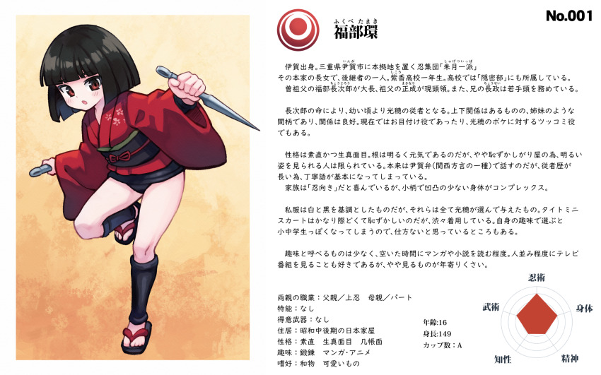 1girl :o akemiho_tabi_nikki black_hair black_leg_warmers black_one-piece_swimsuit black_sandals blunt_ends blush bob_cut border breasts commentary dual_wielding emblem floral_print floral_print_kimono foot_up fukube_tamaki full_body gendai_ninjakko_zukan gradient_background graph highres holding holding_kunai holding_weapon japanese_clothes kimono kouno_hikaru kunai leg_warmers long_sleeves looking_at_viewer ninja no_pants numbered old_school_swimsuit one-piece_swimsuit open_mouth orange_background print_kimono radar_chart red_sandals reference_sheet running sandals school_swimsuit short_hair short_kimono small_breasts solo stats swimsuit swimsuit_under_clothes text_focus toes translated two-tone_sandals weapon white_border wide_sleeves yellow_background zouri