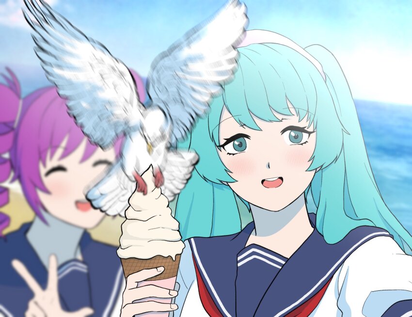 2girls bird blue_hair closed_eyes drill_hair food food_theft highres ice_cream kokona_haruka_(yandere_simulator) light_blue_hair long_hair looking_at_viewer multiple_girls open_mouth purple_hair saki_miyu school_uniform seagull selfie smile twin_drills twintails yandere_simulator