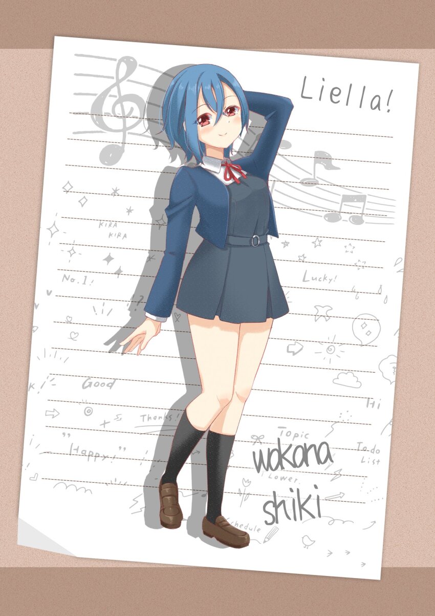 1girl alt_text arm_up black_socks blue_hair blue_jacket blush border breasts brown_border character_name closed_mouth collared_shirt commentary_request cropped_jacket dress dress_shirt english_text full_body highres jacket kneehighs lined_paper long_sleeves looking_at_viewer love_live! love_live!_sunshine!! matsurugi_tsukasa medium_breasts neck_ribbon open_clothes open_jacket orange_eyes pleated_dress red_ribbon ribbon school_uniform shirt short_hair sleeveless sleeveless_dress smile socks solo split_mouth wakana_shiki white_shirt winter_uniform yuigaoka_school_uniform