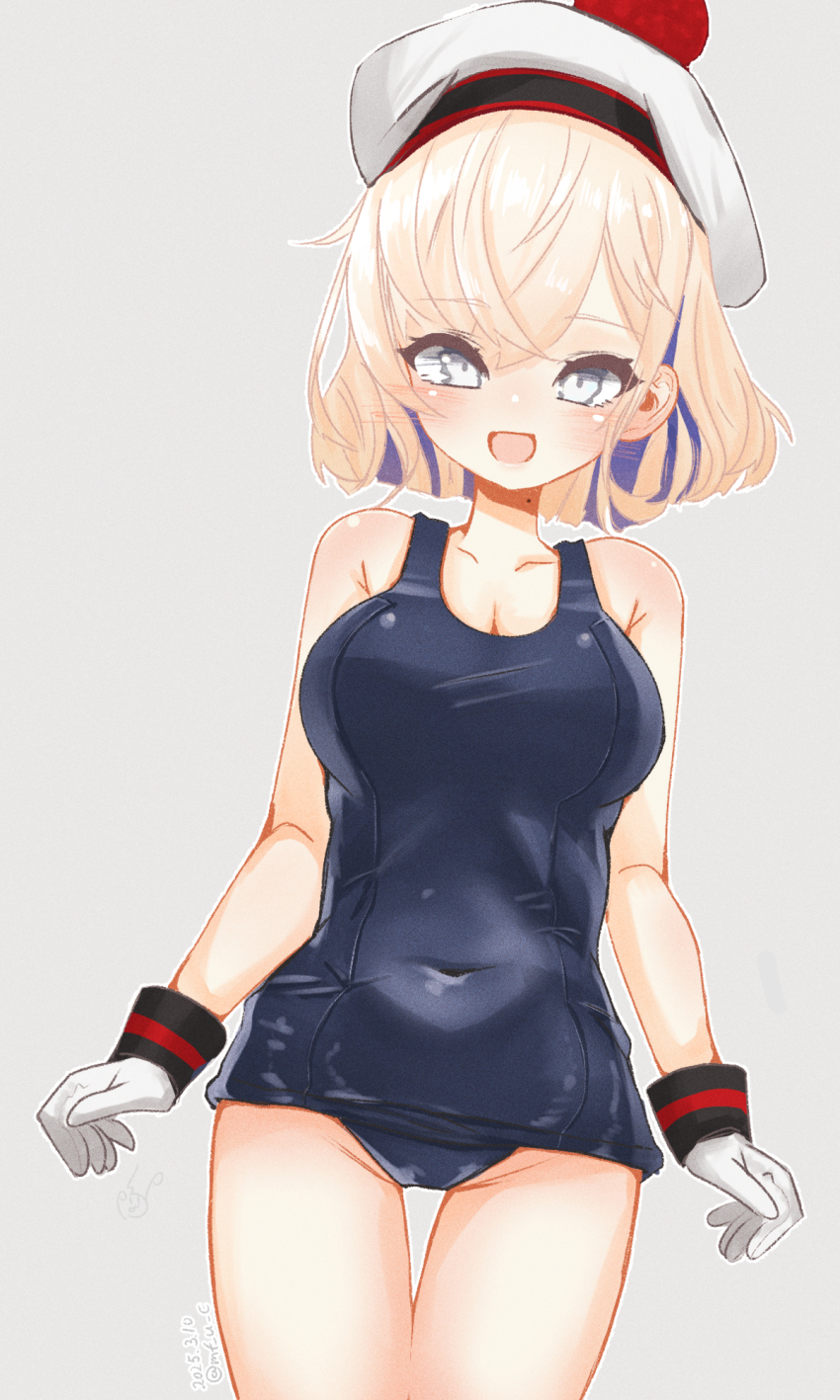 1girl beret blonde_hair blue_eyes blue_hair breasts collarbone colored_inner_hair covered_navel gloire_(kancolle) gloves grey_background hat highres kantai_collection looking_at_viewer medium_breasts mf_u_c mole mole_on_neck multicolored_hair one-hour_drawing_challenge one-piece_swimsuit open_mouth school_swimsuit short_hair smile solo swimsuit white_gloves