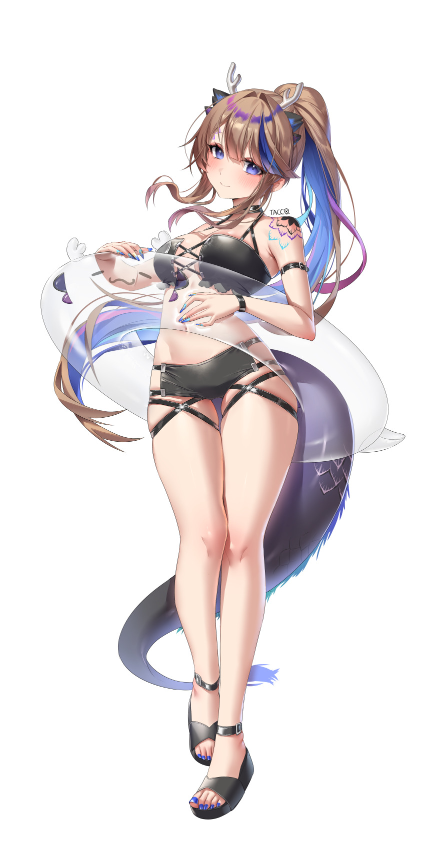 1girl absurdres airi_kanna alternate_costume ankle_strap antlers black_choker black_sandals black_shorts black_tube_top blue_eyes blue_hair blue_nails blush breasts brown_hair choker cleavage dragon_girl dragon_tail highres horns innertube long_hair looking_at_viewer medium_breasts micro_shorts multicolored_hair nail_polish ponytail purple_hair sandals shorts shoulder_tattoo simple_background skindentation smile solo stellive strapless streaked_hair swim_ring tacco_(tikeworld) tachi-e tail tattoo transparent_innertube tube_top white_background