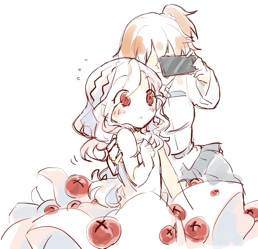 2girls absurdres barbatos_(fate) barbatos_(fate_grand_order) barefoot demon_pillar_(fate) dress extra_eyes fate/grand_order fate_(series) fujimaru_ritsuka_(female) highres multiple_girls personification phone red_eyes selfie white_hair