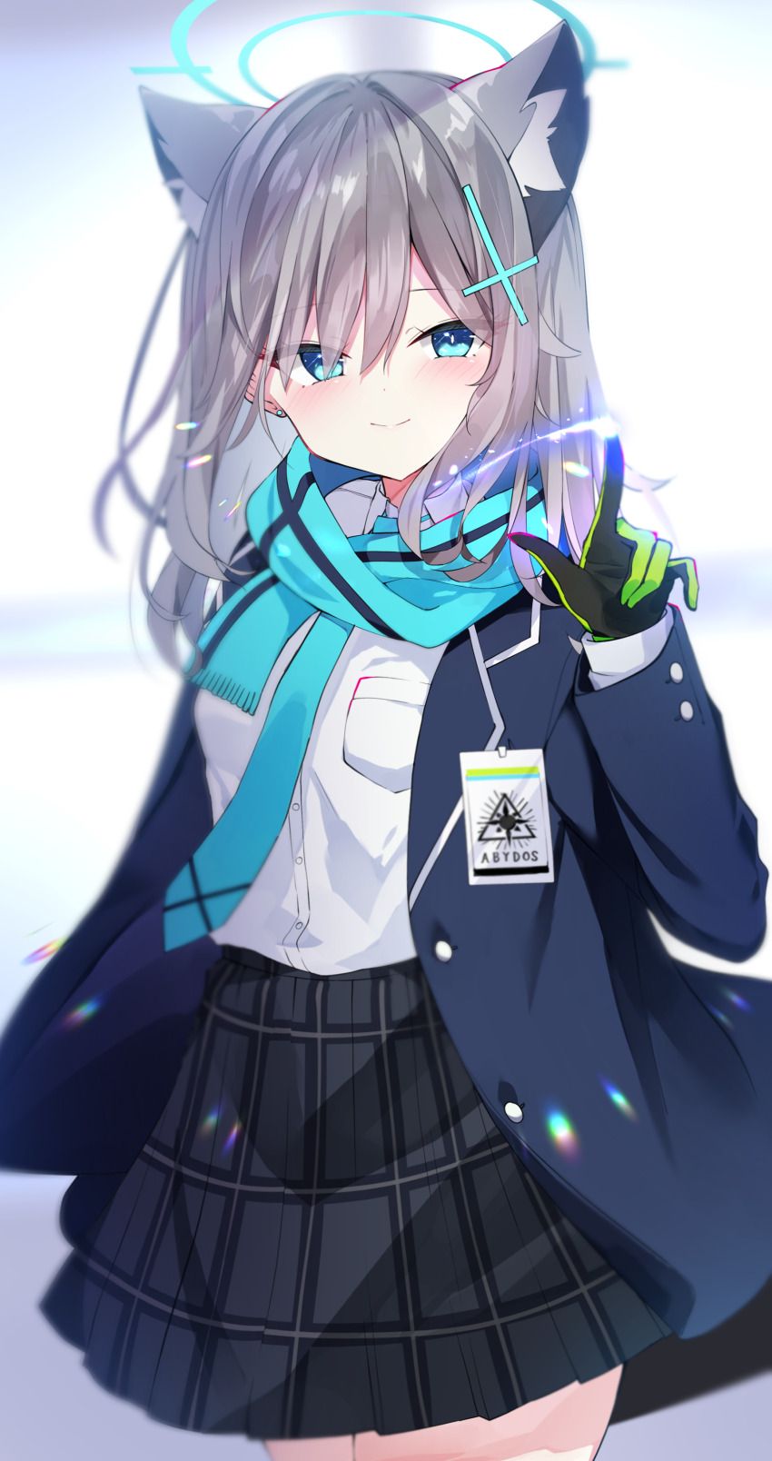 1girl absurdres animal_ear_fluff animal_ears black_skirt blue_archive blue_eyes blue_halo blue_scarf breasts closed_mouth cowboy_shot cross_hair_ornament extra_ears gloves grey_hair hair_ornament halo highres kamiya_mitobe long_sleeves looking_at_viewer medium_breasts medium_hair pleated_skirt scarf shiroko_(blue_archive) shirt skirt smile solo white_shirt wolf_ears