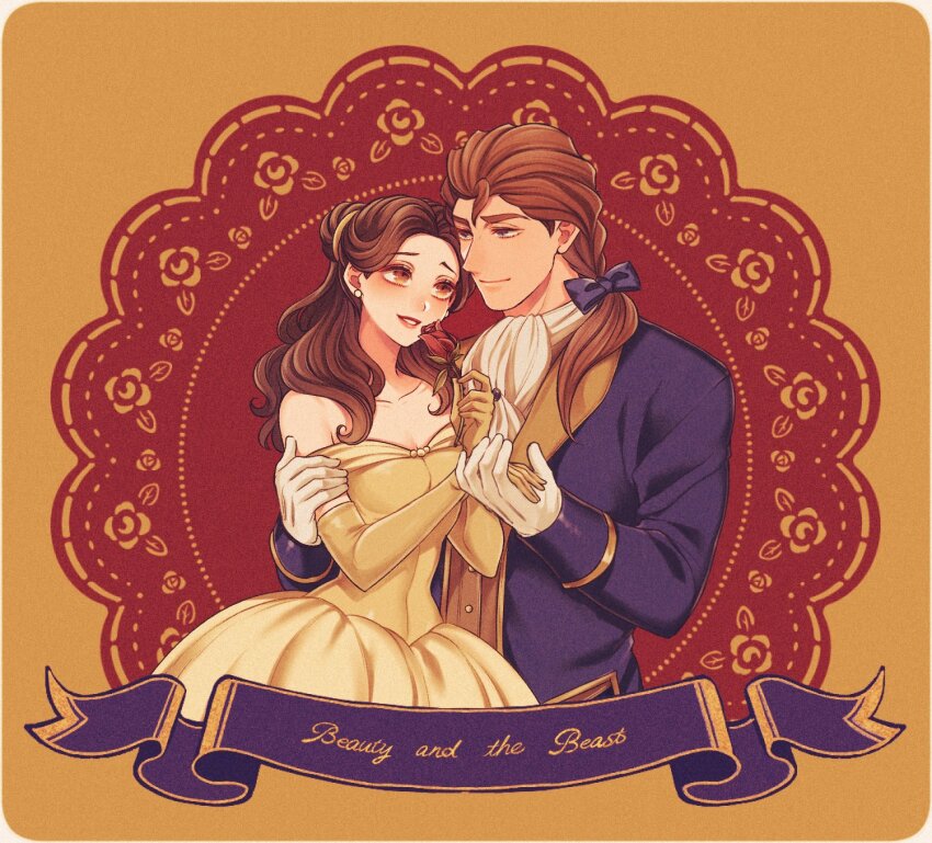 1boy 1girl animification beauty_and_the_beast_(disney) belle_(disney) blonde_hair brown_eyes brown_hair dress elbow_gloves gloves highres jewelry long_hair looking_at_viewer mizala ponytail prince_adam_(disney) smile yellow_dress