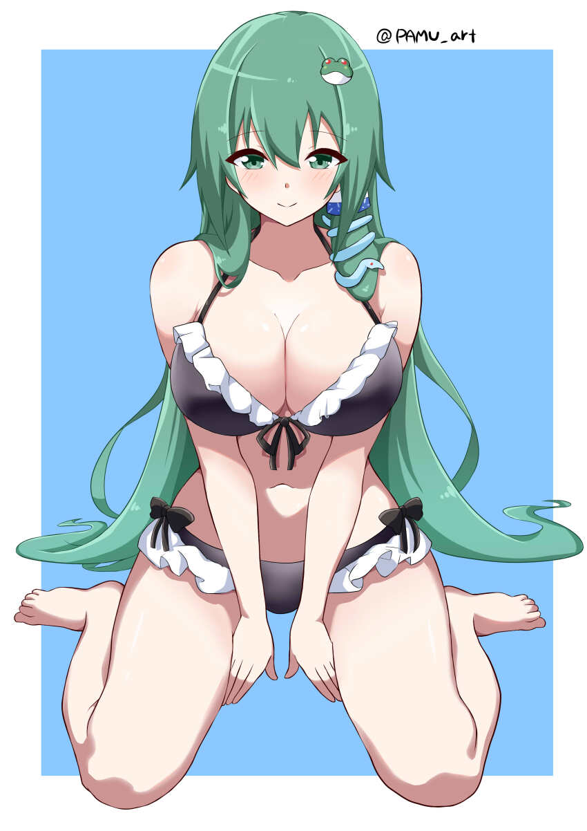 1girl absurdres bikini black_bra black_panties blue_background bra breasts cleavage frog_hair_ornament full_body green_eyes green_hair hair_ornament highres kochiya_sanae large_breasts long_hair maid maid_bikini pamu_art panties sitting smile solo swimsuit touhou unconventional_maid underwear wariza