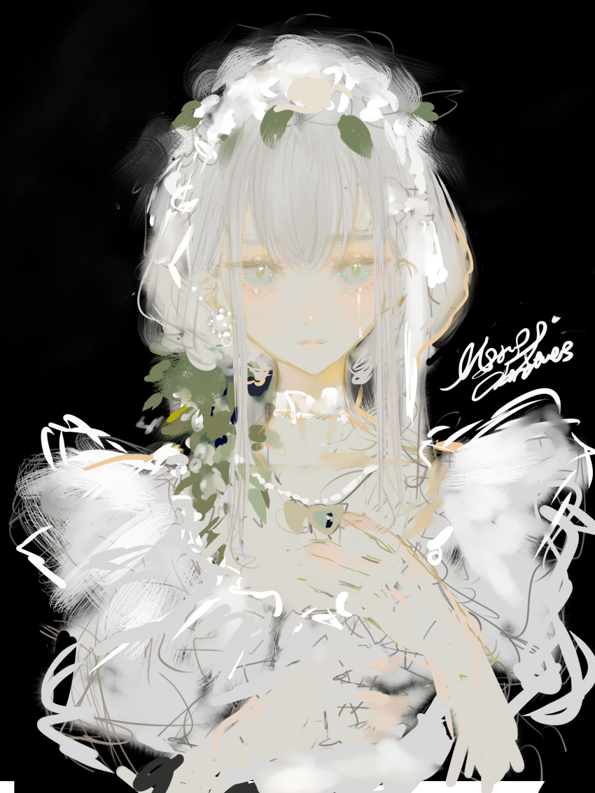 1girl absurdres black_background blue_eyes choker dated dress flower hair_flower hair_ornament highres iggy.m jewelry long_hair looking_at_viewer necklace signature sketch solo upper_body white_dress white_hair