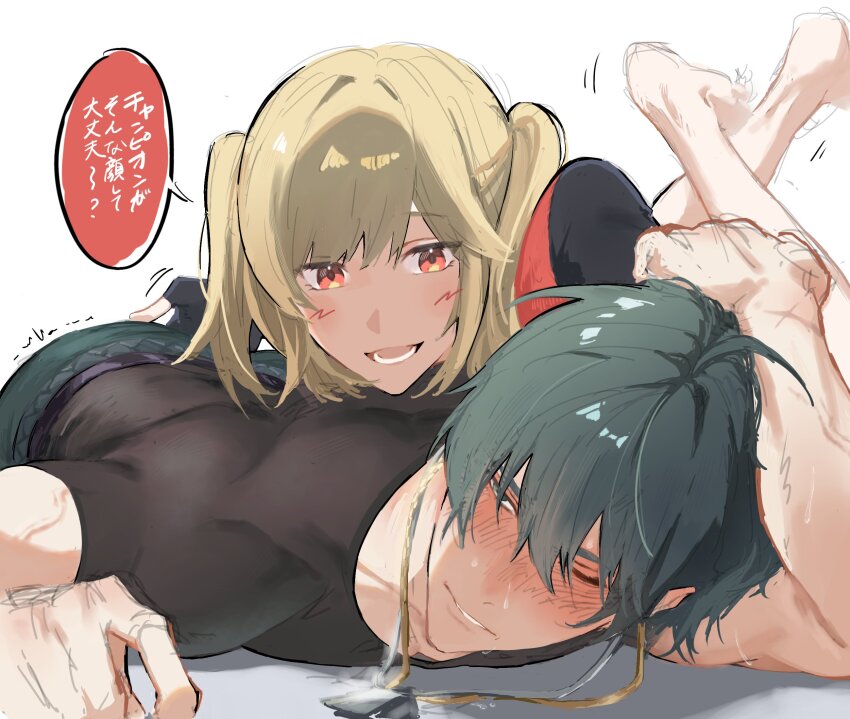 1boy 1girl black_shirt blonde_hair blush burnice_white dog_tags feet_up fingerless_gloves gloves green_eyes green_hair hand_on_another&#039;s_ass highres lighter_(zenless_zone_zero) lying lying_on_another on_stomach one_eye_closed open_mouth orange_eyes scar scar_on_arm shirt sketch smile toned toned_male two_side_up zenless_zone_zero zty1227