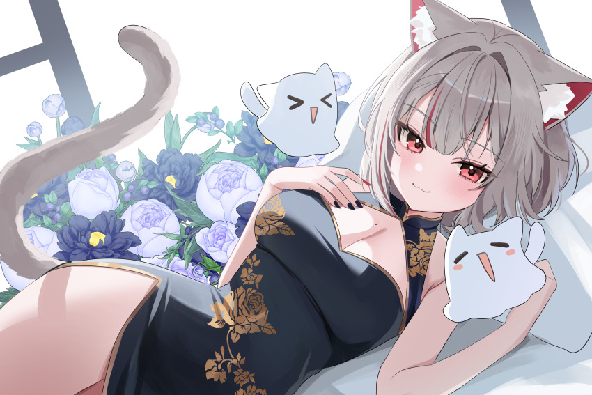 1girl :3 absurdres animal_ears bare_arms bare_shoulders black_dress black_flower black_nails breasts cat_ears cat_girl cat_tail china_dress chinese_clothes cleavage cleavage_cutout closed_mouth clothing_cutout commentary_request dress floral_print flower gold_trim grey_hair hand_on_own_chest highres korean_commentary large_breasts looking_at_viewer lying maro_(neneko_mashiro) mole mole_on_breast multicolored_hair nail_polish nannung neneko_mashiro on_side pillow print_dress red_eyes short_hair side_slit sleeveless sleeveless_dress smile solo stellive streaked_hair tail tail_raised thighs virtual_youtuber white_flower