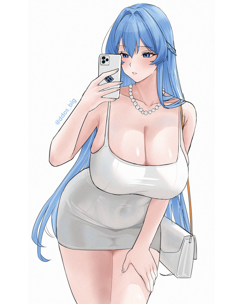 1girl alternate_costume big_ddos breasts cellphone cleavage covered_navel dress goddess_of_victory:_nikke helm_(nikke) highres iphone jewelry large_breasts necklace pearl_necklace phone simple_background smartphone solo thighs white_background white_dress