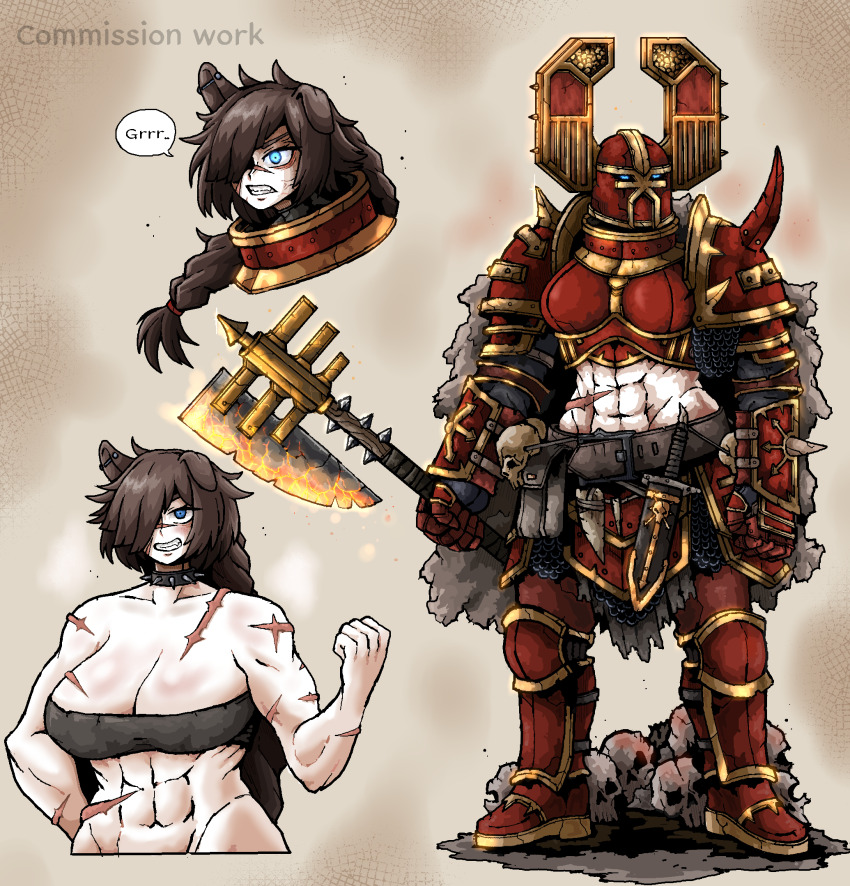 1girl abs adeptus_astartes animal_ears armor axe belt belt_pouch blue_eyes chainmail chaos_space_marine cloak collar commentary commission dagger dog_ears dog_girl english_commentary english_text fake_horns fire flaming_weapon fur_cloak genderswap genderswap_(mtf) growling hair_over_one_eye helmet highres horned_helmet horns knife midriff muscular muscular_female octosoup pouch power_armor scar shoulder_spikes skull solo spiked_collar spikes tank_top warhammer_40k weapon world_eaters