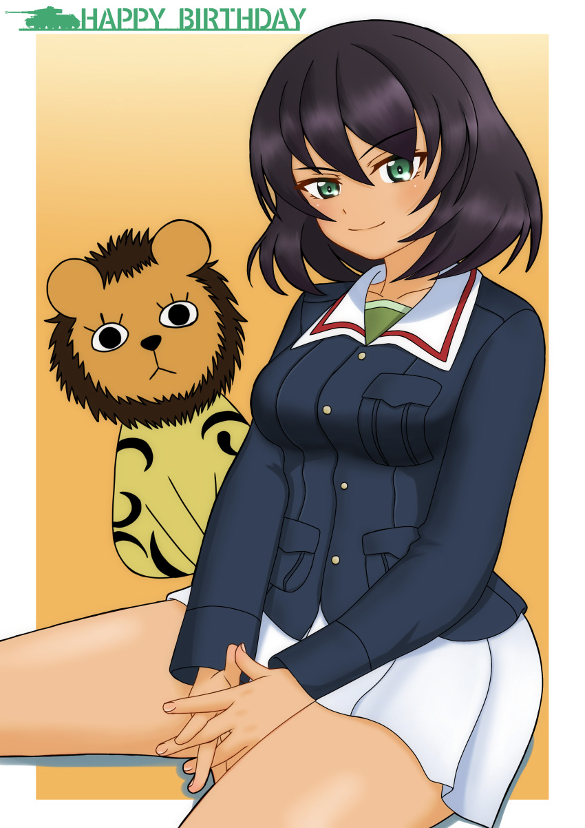 1girl absurdres amanone_yun birthday black_hair blue_jacket bob_cut closed_mouth dark-skinned_female dark_skin emblem english_text girls_und_panzer green_eyes happy_birthday highres hoshino_(girls_und_panzer) interlocked_fingers jacket leopon_(animal) long_sleeves looking_at_viewer military_uniform miniskirt ooarai_military_uniform orange_background own_hands_together pleated_skirt short_hair sitting skirt smile solo undershirt white_skirt