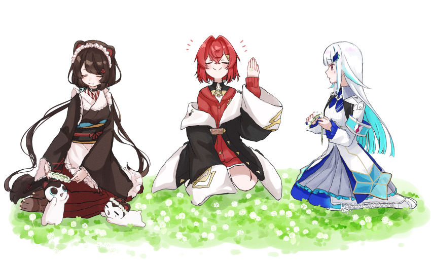 3girls 3znk absurdres ange_katrina ange_katrina_(1st_costume) animal_ears animal_hair_ornament apron armband banken_(inui_toko) black_coat black_collar black_sash blue_armband blue_hair blue_neckerchief blue_thighhighs blush boots breasts brown_boots brown_hair brown_kimono cardigan clawed_boots closed_eyes closed_mouth coat collar colored_inner_hair commentary_request crossed_bangs dog_ears dog_girl flower flower_ring flower_wreath frilled_apron frills full_body grass grey_skirt hair_between_eyes hair_flower hair_intakes hair_ornament hand_up high-waist_skirt highres holding holding_wreath inui_toko inui_toko_(1st_costume) japanese_clothes kimono knee_boots lace-up_boots layered_skirt lize_helesta lize_helesta_(1st_costume) long_bangs long_hair long_skirt long_sleeves looking_at_another low_twintails maid_headdress multicolored_hair multiple_girls neckerchief nijisanji notice_lines obi obiage obijime off_shoulder pleated_skirt purple_eyes red_cardigan red_hair red_skirt sanbaka_(nijisanji) sash shirt short_hair shrug_(clothing) sidelocks sitting skirt small_breasts smile smug split_mouth streaked_hair sweatdrop thighhighs triangle_hair_ornament twintails two-tone_hair very_long_hair virtual_youtuber waist_apron wariza white_apron white_background white_boots white_flower white_hair white_headdress white_shirt white_shrug white_skirt wide_sleeves yokozuwari