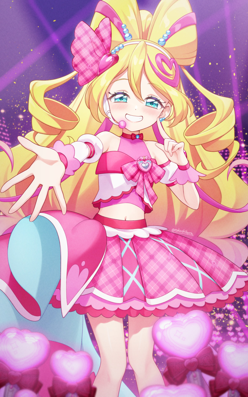 1girl arm_warmers blonde_hair blue_eyes bow-shaped_hair bridal_gauntlets brooch cure_idol detached_sleeves earrings frilled_bridal_gauntlets glowstick hair_bun hair_ornament headset heart heart_brooch heart_earrings heart_hair_bun heart_hair_ornament highres idol idol_heart_brooch jewelry kimi_to_idol_precure long_hair magical_girl midriff navel pink_bridal_gauntlets pink_skirt pink_undershirt pink_wrist_cuffs precure puffy_detached_sleeves puffy_sleeves single_arm_warmer skirt smile solo stage stage_lights tokoshibyra wrist_cuffs