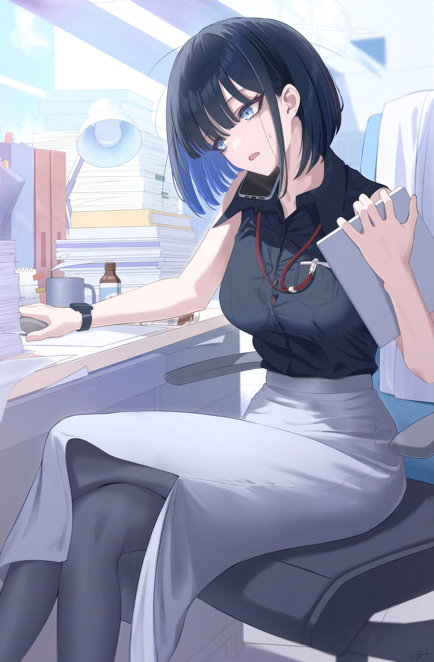 1girl absurdres aged_up alternate_costume alternate_hairstyle black_hair black_shirt blue_archive blue_eyes blunt_bangs blurry bob_cut book book_stack bottle breasts cellphone chair clipboard collared_shirt colored_inner_hair commentary_request crossed_legs cup depth_of_field desk desk_lamp energy_drink exhausted halo head_hold head_tilt high-waist_skirt highres holding holding_clipboard holding_computer_mouse id_card indoors lamp lanyard looking_at_viewer mug multicolored_hair office office_chair office_lady okano_yuuto on_chair pantyhose paper_stack parted_lips pencil_skirt phone saori_(blue_archive) shirt short_hair side_slit sidelocks sitting skirt sleeveless sleeveless_shirt smartphone solo sweatdrop swivel_chair two-tone_hair watch wristwatch