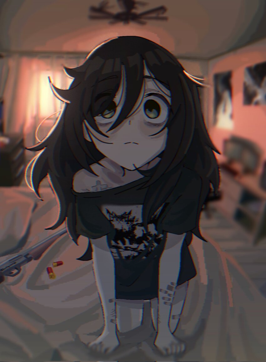 1girl ai-assisted all_fours backlighting bags_under_eyes band_shirt bandaid black_hair black_metal black_shirt bullet ceiling_fan chromatic_aberration derivative_work foreshortening green_eyes gun hair_between_eyes heavy_metal highres indoors irreligiositat kuroki_tomoko looking_at_viewer mayhem_(band) medium_hair merchandise messy_hair off-shoulder_shirt off_shoulder on_bed pale_skin shirt single_bare_shoulder solo watashi_ga_motenai_no_wa_dou_kangaetemo_omaera_ga_warui! weapon