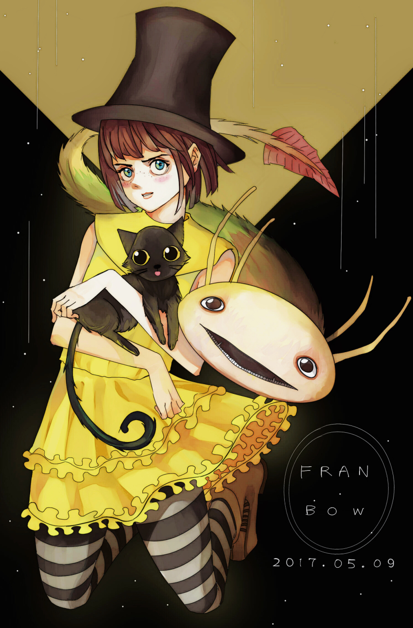 1girl black_background black_cat blue_eyes cat dress fran_bow fran_bow_dagenhart frilled_dress frills hat highres kneeling looking_at_viewer mr._midnight open_mouth palontras rk2330 striped_clothes striped_thighhighs tail thighhighs top_hat yellow_dress