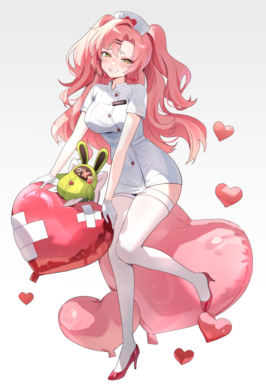 1girl absurdres alternate_costume balloon bangboo_(zenless_zone_zero) blush breasts character_name character_request commentary_request commission dress earrings foot_up gloves green_eyes grin hat heart heart_balloon heart_earrings high_heels highres jewelry large_breasts long_hair looking_at_viewer miisan nicole_demara nurse_cap pink_hair red_shoes shoes simple_background smile solo standing standing_on_one_leg thighhighs two_side_up very_long_hair white_background white_dress white_gloves white_thighhighs zenless_zone_zero
