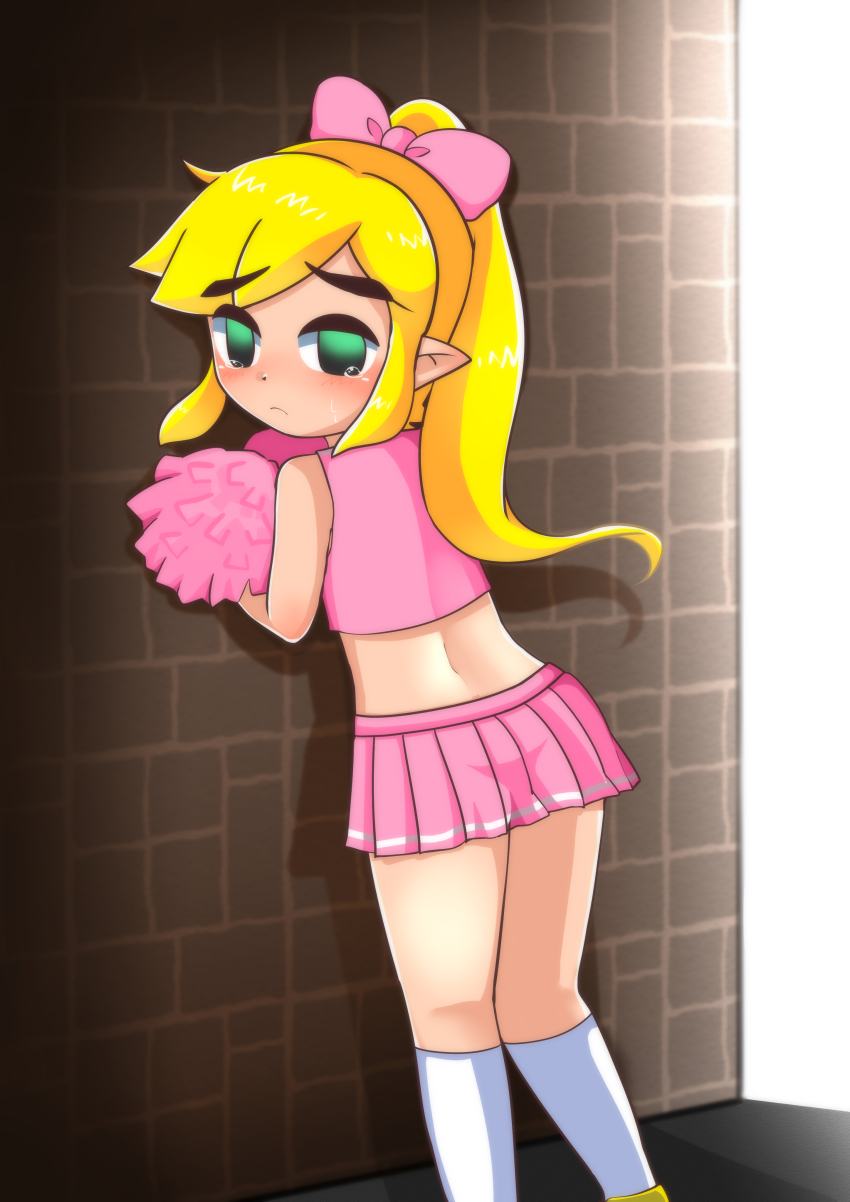 1boy absurdres against_wall alley blonde_hair blush bow brick_wall cheerleader cheerleader_link closed_mouth crop_top crossdressing green_eyes hair_bow highres holding holding_pom_poms kneehighs link long_hair looking_at_viewer looking_back male_focus nintendo official_alternate_costume papapaimon pink_bow pink_skirt pleated_skirt pointy_ears pom_pom_(cheerleading) pom_poms ponytail sidelocks skirt sleeveless socks solo standing sweatdrop tearing_up the_legend_of_zelda the_legend_of_zelda:_tri_force_heroes toon_link trap