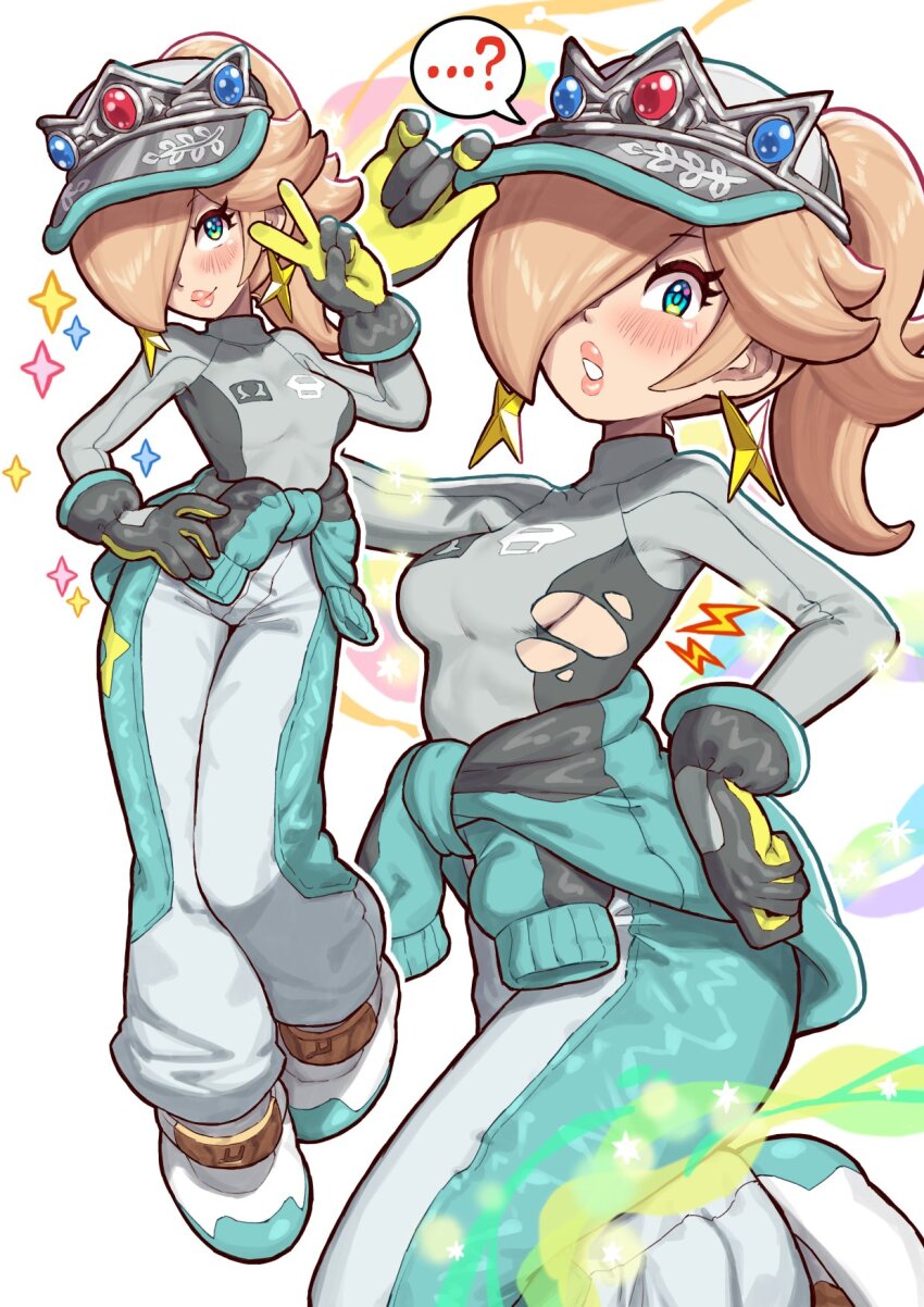 1girl baggy_pants blonde_hair blue_eyes blush breasts clothes_around_waist earrings gloves hair_over_one_eye hand_on_own_hip hat highres jacket jacket_around_waist jewelry mario_(series) mario_kart mario_kart_world multiple_views nintendo official_alternate_costume pants ponytail rosalina rosalina_(pro_racer) shirt smile star_(symbol) star_earrings tight_clothes tight_shirt toggy_keiichi torn_clothes torn_shirt v