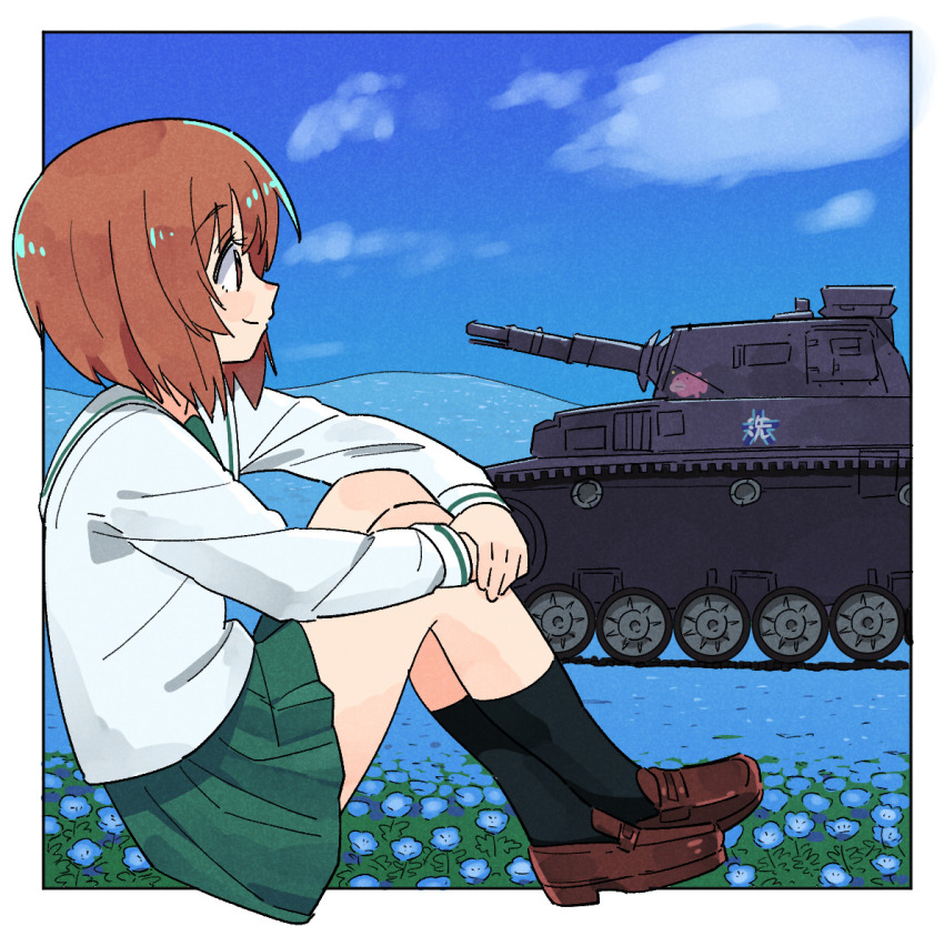 1girl black_socks blue_flower blue_sky border brown_eyes brown_hair brown_shoes cloud commentary_request field flower flower_field from_side girls_und_panzer green_skirt loafers long_sleeves mary_janes military_vehicle motor_vehicle nishizumi_miho ooarai_school_uniform outdoors outside_border panzer_iv pleated_skirt profile school_uniform shoes short_hair sitting skirt sky socks solo tank tareme tonmoh white_border