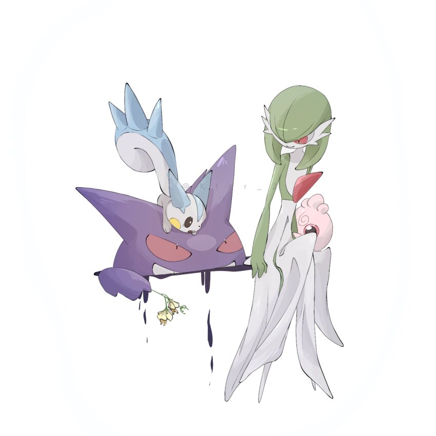 artist_name black_eyes colored_sclera colored_skin creatures_(company) flower game_freak gardevoir gen_1_pokemon gen_2_pokemon gen_3_pokemon gen_4_pokemon gengar green_hair grin highres holding holding_flower igglybuff ktbr_2 nintendo no_feet pachirisu pink_skin pokemon pokemon_(creature) red_eyes red_sclera simple_background smile squirrel standing tail teeth twitter_username watermark white_background white_skin