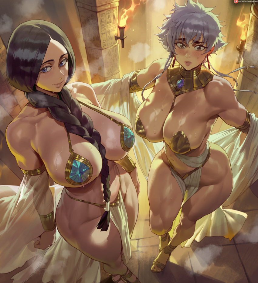 2girls ai-assisted ancient_egyptian bikini black_hair bleach bleach:_sennen_kessen-hen blue_eyes breasts closed_mouth curvy detached_sleeves fire grey_hair hair_between_breasts highres kotetsu_isane large_breasts lips long_hair looking_at_viewer multiple_girls pasties patreon_logo patreon_username see-through_clothes see-through_sleeves shexyo short_hair smile standing steam steaming_body sweat swimsuit thighs toes toned toned_female unohana_retsu