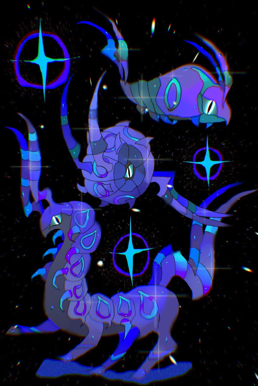 black_sclera bug centipede colored_sclera creatures_(company) evolutionary_line game_freak gen_5_pokemon glowing glowing_eyes highres horns mariin_(mrn_8_8) multiple_legs neon_palette nintendo no_humans pokemon pokemon_(creature) purple_theme scolipede slit_pupils space twintails venipede whirlipede white_eyes