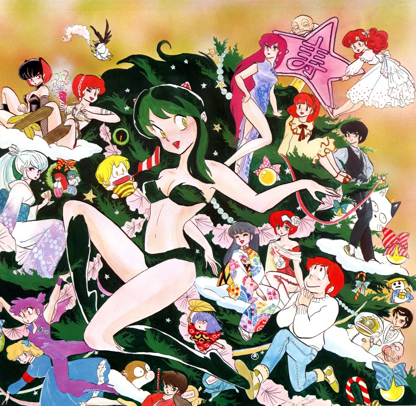 6+boys 6+girls amefurashi_(urusei_yatsura) animal armband armor bald bat_wings benten_(urusei_yatsura) bikini bikini_armor bird black_footwear black_hair blonde_hair blue_dress blush boots bow candy candy_cane cat chain character_request cherry_(urusei_yatsura) china_dress chinese_clothes christmas christmas_ornaments christmas_stocking christmas_tree christmas_wreath cone_horns crow cup curly_hair dappya_monster denim dress drinking_glass elle_de_rosenbach everyone fangs fishnet_gloves fishnets flower food formal_clothes fujinami_ryuunosuke gloves green_bikini green_hair grey_hair hair_bow hair_flower hair_ornament hand_fan headband highres holding holding_animal holding_cup holding_fan holding_party_popper holding_star horns in_tree japanese_clothes jeans jumpsuit kaede_(urusei_yatsura) kimono komori_(urusei_yatsura) kotatsu-neko kurama_(urusei_yatsura) leaf_fan leaf_umbrella long_hair lum mendou_ryouko mendou_shuutarou miyake_shinobu moroboshi_ataru multicolored_kimono multiple_boys multiple_girls ninja non-web_source octopus official_art ojou-sama_pose on_cloud open_mouth orange_trim own_hands_clasped own_hands_together oyuki_(urusei_yatsura) pants party_popper pointy_ears ponytail pool_demon_(urusei_yatsura) purple_hair purple_jumpsuit red_armband red_hair red_kimono rose short_hair side_slit single_horn sitting sitting_in_tree smile snowman star_(symbol) striped_bow suit sweater swimsuit sword sword_on_back takahashi_rumiko ten_(urusei_yatsura) tree tree_print urusei_yatsura very_long_hair very_short_hair weapon weapon_on_back wendy_(urusei_yatsura) white_dress white_flower white_hair white_kimono white_rose white_suit white_sweater wine_glass wings wreath yellow_dress yellow_eyes