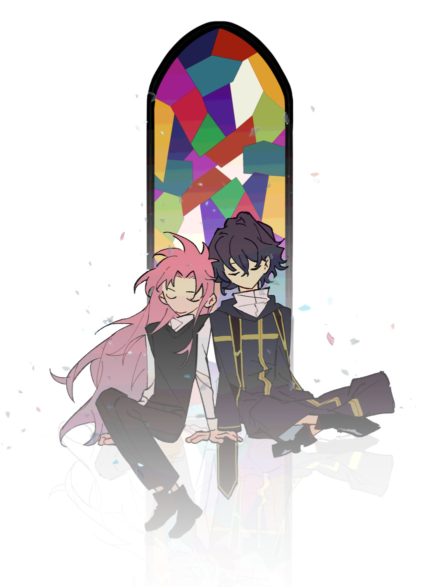 2boys absurdres black_coat black_hair black_pants black_shoes black_sweater_vest chuanhua closed_eyes closed_mouth coat curtained_hair gold_trim hatsutori_hajime highres long_hair male_focus multiple_boys pants pink_hair reflection saibou_shinkyoku shirt shoes short_hair sitting smile stained_glass stole sweater_vest utsugi_noriyuki very_long_hair white_shirt