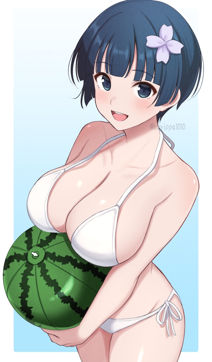 1girl ball beachball bikini blue_eyes blue_hair blush bowl_cut breasts cleavage commentary_request flower hair_flower hair_ornament highres holding holding_ball large_breasts looking_at_viewer open_mouth paid_reward_available senran_kagura senran_kagura_estival_versus senran_kagura_shinovi_versus short_hair side-tie_bikini_bottom smile solo string_bikini surippa1010 swimsuit white_bikini yozakura_(senran_kagura)