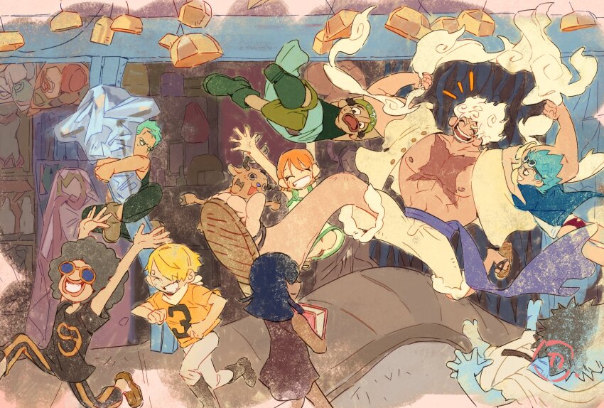 2girls 6+boys afro aged_down antlers arms_up blonde_hair blue_hair blue_skin book boots brook_(one_piece) child colored_skin commentary_request dress franky_(one_piece) gear_fifth green_hair hagoromo highres holding holding_book horns jinbe_(one_piece) long_nose monkey_d._luffy multiple_boys multiple_girls nami_(one_piece) neckerchief nico_robin one_piece orange_hair reindeer_antlers roronoa_zoro sanji_(one_piece) sash scar scar_on_chest shawl shorts siyangou49 straw_hat_pirates sunglasses tony_tony_chopper usopp white_hair white_shorts