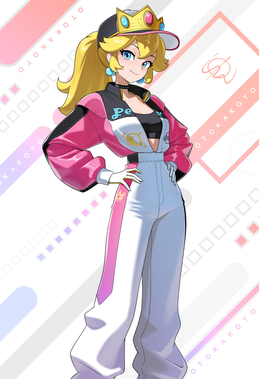 1girl absurdres black_bra black_choker blonde_hair blue_eyes bra cape choker full_body hands_on_own_hips highres jacket long_hair looking_at_viewer mario_(series) mario_kart midriff_peek nintendo open_clothes open_jacket otokakoto pants princess_peach solo standing underwear white_pants