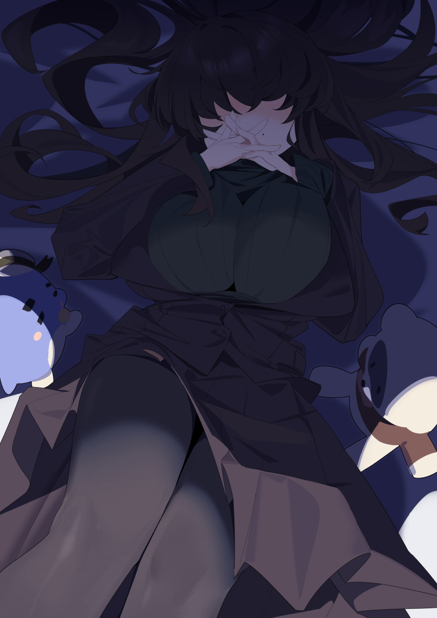 1girl absurdres black_hair black_pantyhose blazer blush breasts brown_jacket brown_skirt bursting_breasts commentary covered_eyes facing_viewer hair_over_eyes highres huge_breasts jacket kakure_meme kimi_no_koto_ga_dai_dai_dai_dai_daisuki_na_100-nin_no_kanojo long_hair long_sleeves lying mole ohananomitsu_high_school_uniform on_back own_hands_clasped own_hands_together pantyhose pleated_skirt school_uniform sidelocks skirt solo stuffed_toy wako_(1194433260)