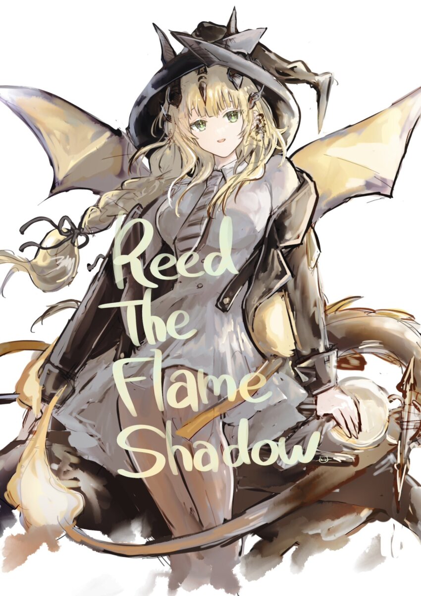 1girl arknights black_horns black_jacket black_ribbon blonde_hair braid breasts brown_pantyhose character_name collared_dress commentary_request cropped_legs diagonal-striped_clothes diagonal-striped_necktie dragon_girl dragon_horns dragon_tail dragon_wings dress earrings flame-tipped_tail hat head_tilt highres horns horns_through_headwear jacket large_breasts long_hair long_sidelocks long_sleeves looking_at_viewer necktie off_shoulder official_alternate_costume open_clothes open_mouth pantyhose pentagram_earrings reed_(arknights) reed_the_flame_shadow_(arknights) reed_the_flame_shadow_(curator)_(arknights) ribbon sidelocks simple_background single_braid sitting sketch smile solo striped_clothes tail tukaima white_background white_dress wings witch_hat yellow_eyes