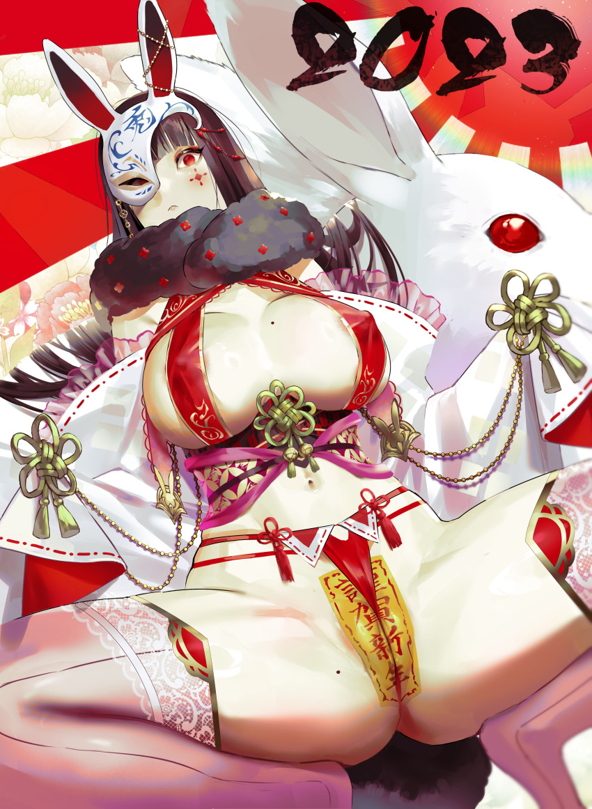 1girl absurdres black_hair blunt_bangs breasts commentary covered_erect_nipples english_commentary facial_mark from_below frontal_wedgie half_mask highres huge_breasts kuroi_suna mask mole mole_on_breast mole_on_thigh original rabbit_mask red_eyes rising_sun_flag solo squatting sunburst thighhighs thighs wedgie white_sleeves white_thighhighs wide_sleeves