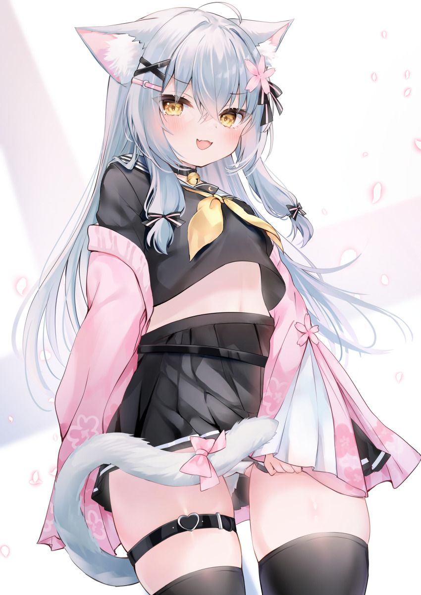 1girl :d absurdres animal_ears black_serafuku black_shirt black_skirt black_thighhighs cat_ears cat_girl cat_tail character_request commission fang grey_hair highres indie_virtual_youtuber long_hair long_sleeves looking_at_viewer miniskirt off_shoulder open_mouth panties pleated_skirt rucaco school_uniform serafuku shirt skeb_commission skin_fang skirt smile tail thigh_strap thighhighs underwear virtual_youtuber white_panties yellow_eyes
