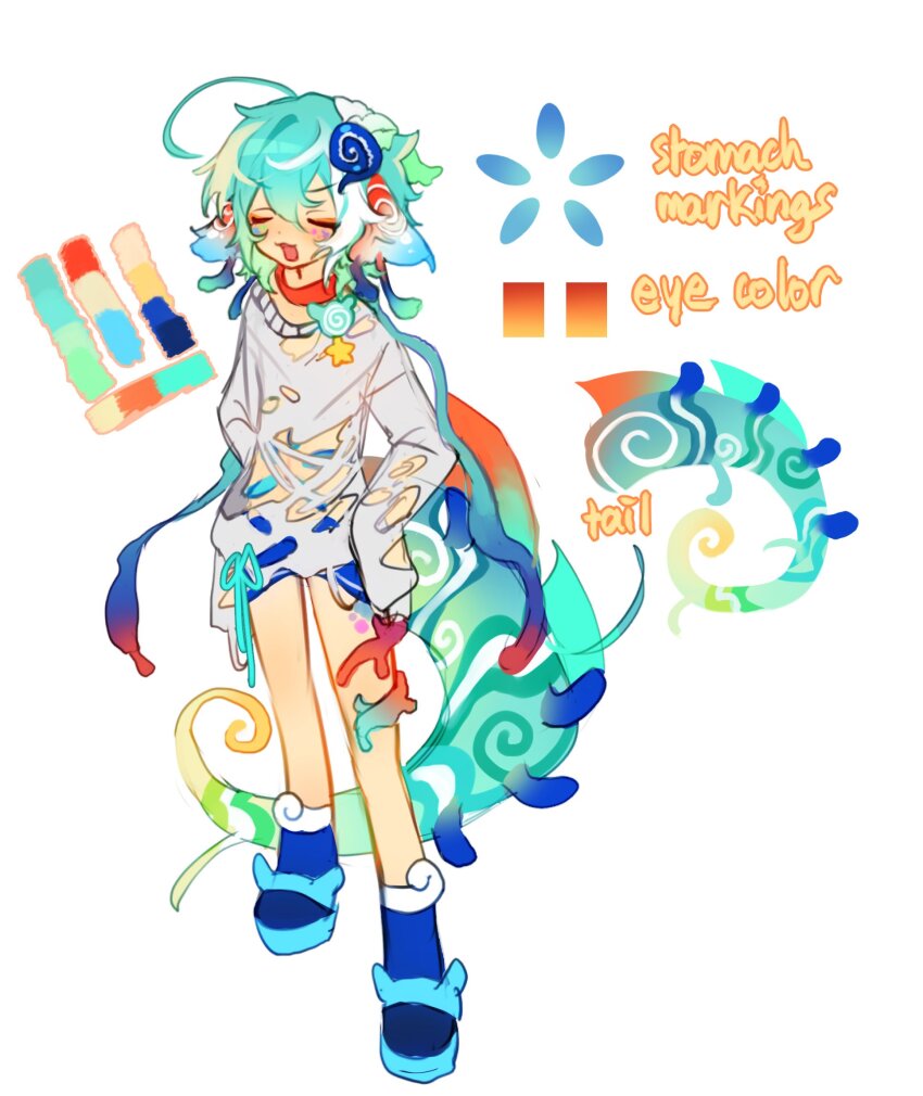 1girl ahoge animal_ears aqua_hair blue_shoes body_markings closed_eyes cloud_(lufaeris) color_guide commentary double-parted_bangs english_commentary full_body grey_shirt hair_between_eyes highres huge_ahoge long_hair long_sleeves open_mouth original shirt shoes smile solo tail torn_clothes torn_shirt white_background