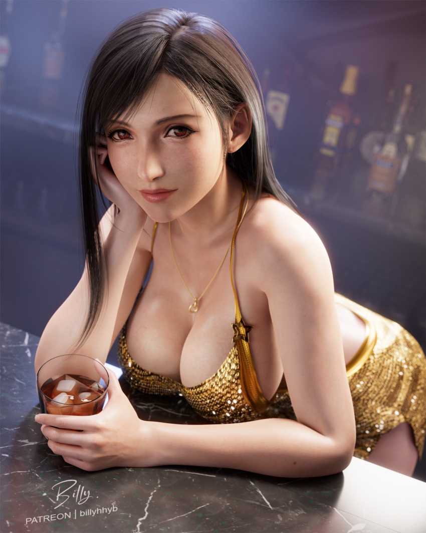 1girl 3d bar_(place) billyhhyb black_hair bottle breasts cleavage cosplay cup drinking_glass elbow_rest final_fantasy final_fantasy_vii final_fantasy_vii_remake gold_dress grand_theft_auto grand_theft_auto_vi highres holding holding_cup large_breasts lips looking_at_viewer lucia_caminos lucia_caminos_(cosplay) red_eyes solo tifa_lockhart