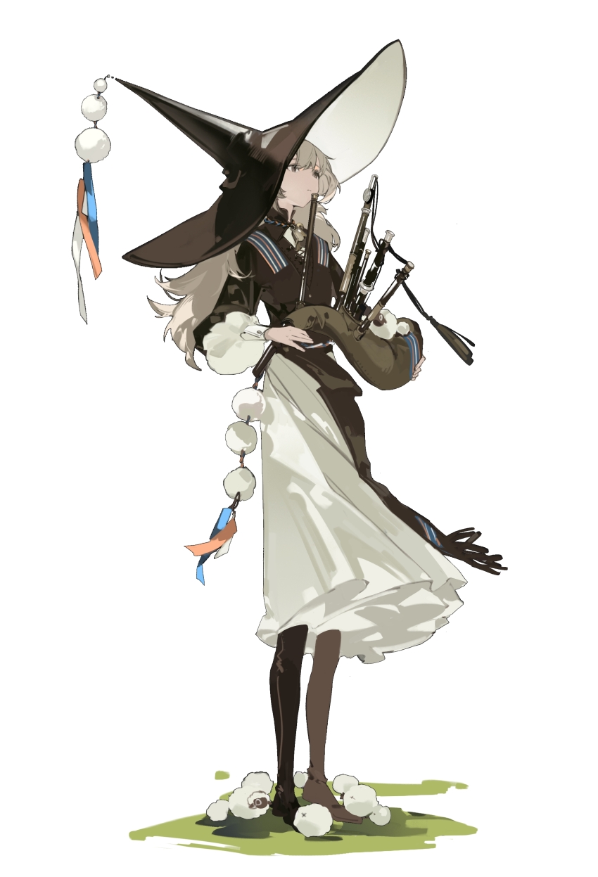 1girl absurdres bagpipes black_hat black_shirt blonde_hair boots brown_boots chinese_commentary commentary full_body grey_eyes hair_between_eyes hat highres holding holding_instrument instrument large_hat long_hair long_skirt looking_ahead original pom_pom_(clothes) puffy_sleeves sheep shirt skirt solo standing thigh_boots undersized_animal white_skirt zhizhicyzey