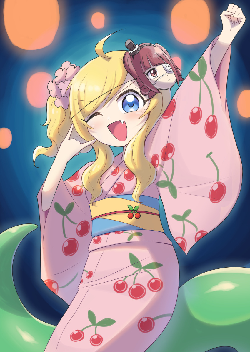 1girl \m/ absurdres arm_up blonde_hair blue_eyes cherry_print commentary_request fang food_print fruit_print hanazono_yurine highres japanese_clothes jashin-chan jashin-chan_dropkick kimono lamia mask mask_on_head monster_girl one_eye_closed pink_kimono shadow_(modeler3622) side_ponytail sidelocks solo wide_sleeves yukata