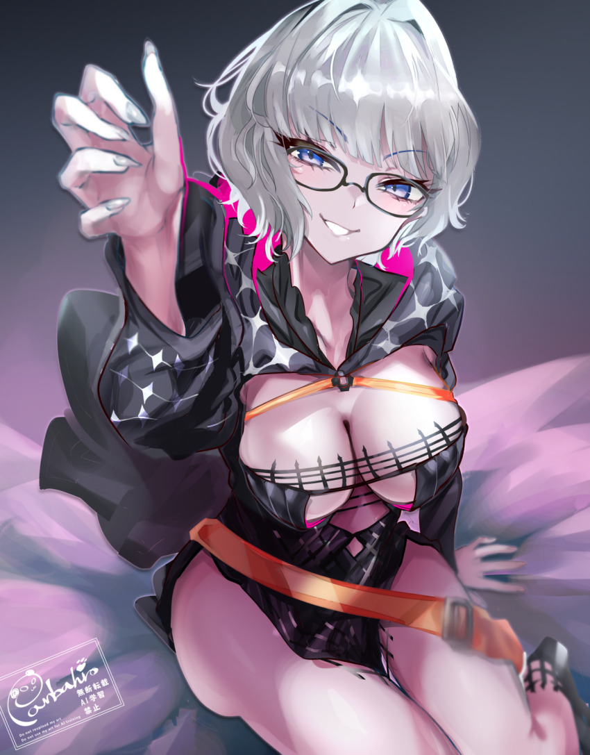 1girl black_dress black_jacket blue_eyes breasts cleavage cropped_jacket dress fate/grand_order fate_(series) glasses grey_hair grin highres hood hooded_jacket jacket jacques_de_molay_(foreigner)_(fate) jacques_de_molay_(foreigner)_(second_ascension)_(fate) large_breasts long_sleeves looking_at_viewer panda=hiro short_dress short_hair smile solo