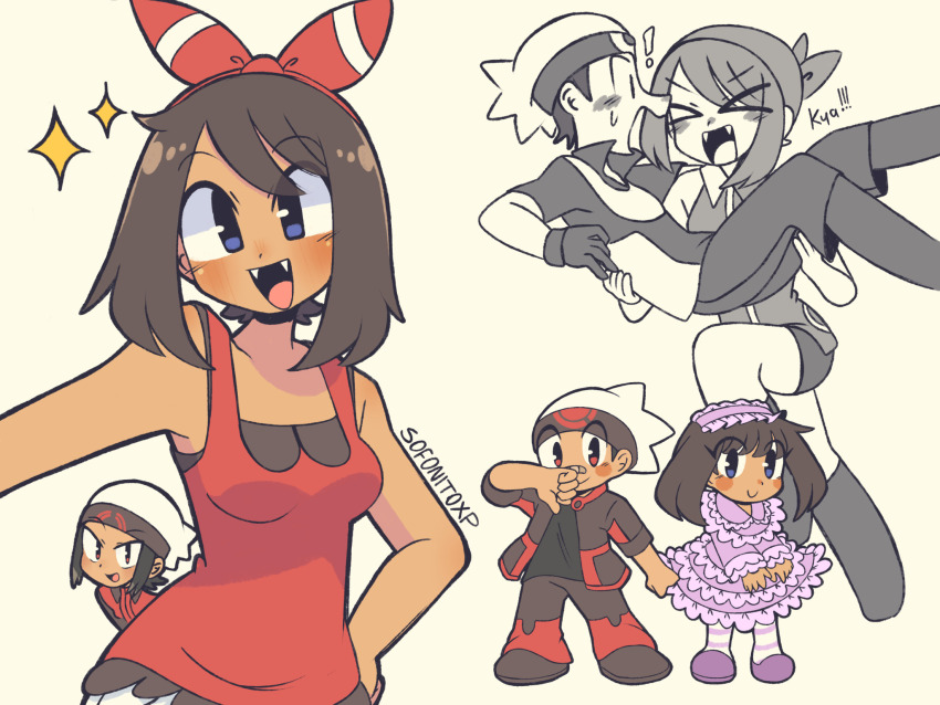 1boy 1girl bandana beanie bike_shorts blue_eyes blush bow_hairband breasts brendan_(pokemon) brown_hair dark_skin dress fangs frilled_dress frills hairband hat highres looking_at_another looking_at_viewer may_(pokemon) medium_breasts medium_hair multiple_views nintendo open_mouth pants pokemon pokemon_adventures purple_dress purple_headdress red_bandana red_eyes red_hairband red_shirt reverse_princess_carry shirt short_hair socks sofo_soup striped_clothes striped_socks twitter_username
