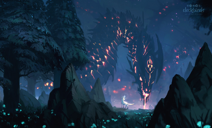 animal animal_ears animal_focus artist_name clockbirds commentary dragon dragon_ears embers english_commentary fantasy fox fox_ears fox_tail landscape lava looking_at_another mushroom night no_humans original oversized_animal photoshop_(medium) rock tail tree watermark