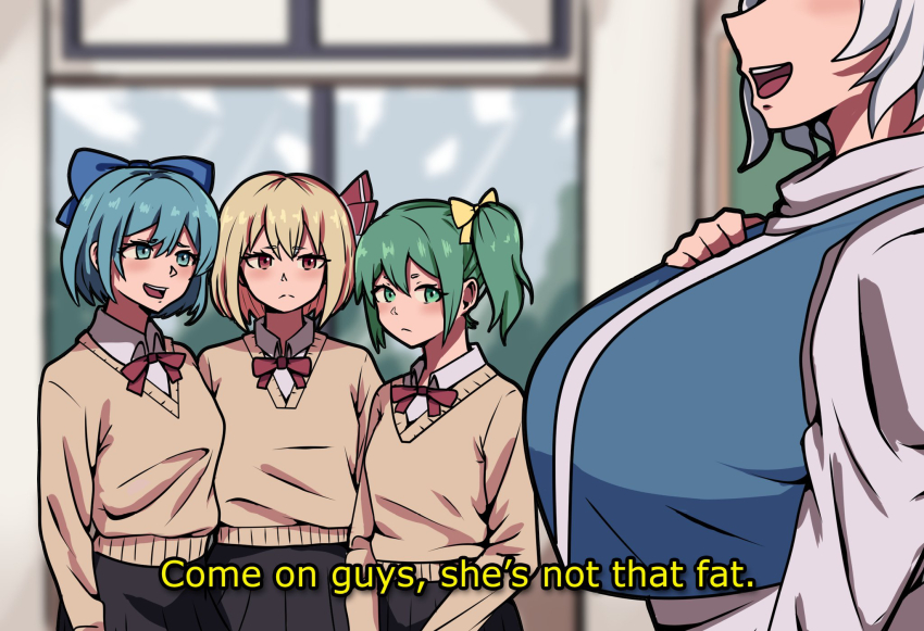 4girls alternate_costume andycookiez black_skirt blonde_hair blue_bow blue_hair blush bow bowtie breast_envy breast_focus breasts cirno commentary contemporary daiyousei english_commentary english_text eyes_out_of_frame green_hair grey_hair hair_bow hair_ribbon head_out_of_frame highres huge_breasts indoors letty_whiterock long_sleeves looking_at_another multiple_girls no_wings red_bow red_bowtie red_ribbon ribbon rumia school_uniform shirt side_ponytail skirt small_breasts smile subtitled sweater touhou white_shirt yellow_bow yellow_sweater