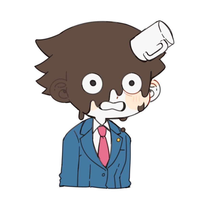 1boy absurdres ace_attorney blue_jacket blush_stickers chibi coffee coffee_mug collared_shirt cropped_torso cup dajiobjaction highres jacket lapel_pin male_focus mug necktie phoenix_wright red_necktie shirt short_hair simple_background solo spill suit_jacket surprised white_background white_shirt