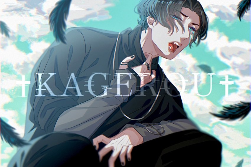 1boy adk-em aqua_eyes aqua_sky bandai bandai_namco black_feathers black_nails black_shirt blood bloody_tears blouse character_name cloud death distortion eyes_visible_through_hair fangs feathers goth_fashion green_sky hair_over_one_eye ishimori_prod kagerou_(kamen_rider_revice) kamen_rider kamen_rider_revice nail_polish one_eye_closed see-through_clothes see-through_sleeves shirt sky spoilers squatting toei_company tokusatsu tongue tongue_out tv_asahi westeast1109