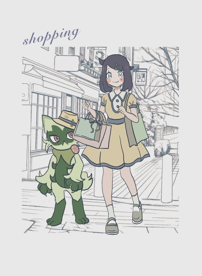 1girl bag black_hair blue_eyes closed_mouth dress floragato full_body hair_ornament hairclip hat highres hitsuji_saibou holding holding_bag liko_(pokemon) looking_at_viewer nintendo official_alternate_costume pokemon pokemon_(anime) pokemon_(creature) pokemon_horizons puffy_short_sleeves puffy_sleeves shoes shopping_bag short_hair short_sleeves smile socks standing white_socks yellow_dress